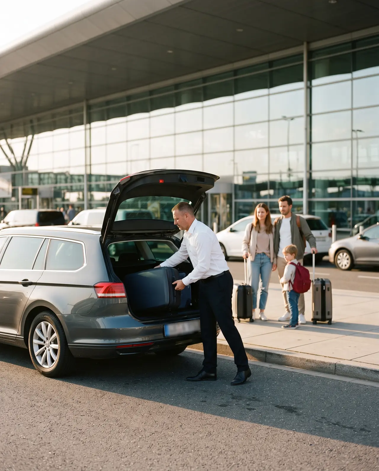 Ein Fahrer lädt einen Koffer in den Kofferraum, eine Familie mit Kind wartet vor dem Flughafenterminal